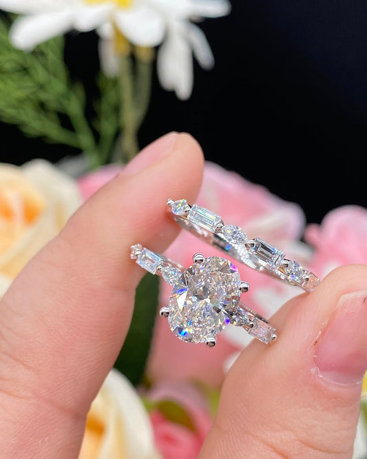 3.30Ct White Oval Cut Solitaire Ring Set | Special Occasion Wear Ring Set | Bridal Wedding Gift Ring Set