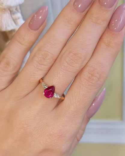 2.2CT Red Pear Cut Three Stone Ring | Anniversary Gift Ring For Wife | Gift For Her | Promise Ring