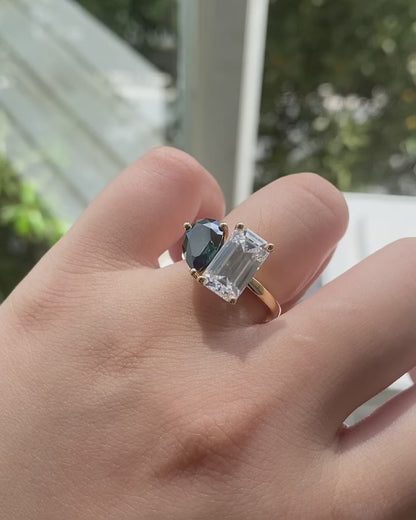 2.8Ct Green Pear And White Emerald Cut Two Stone Ring | Birthday Gift Ring | Toi Et Moi Ring | Gift For Her