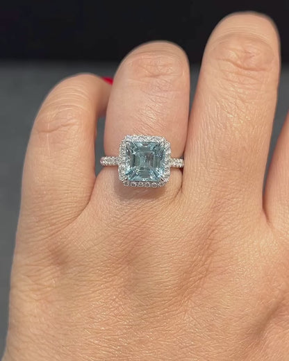 2.8CT Aquamarine Asscher Cut Halo Ring | Party Wear Ring For Women | Unique Ring | Statement Ring