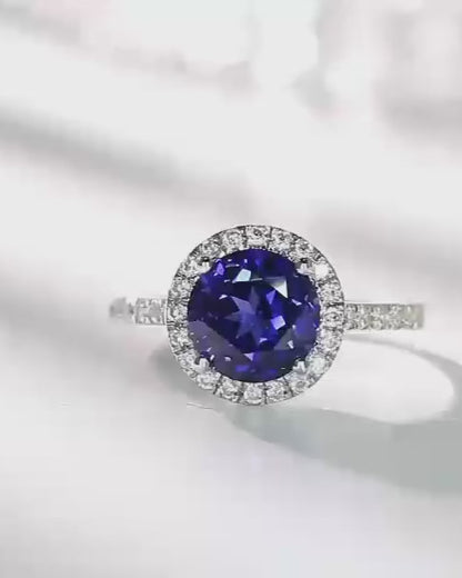 2.5Ct Blue Round Cut Halo Ring | Proposal Ring For Girlfriend | Glamorous Ring | Gift For Her