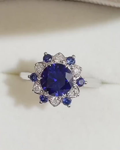 2.2Ct Blue Round Cut Halo Ring | Party Wear Ring | Occasion Ring | Gift For Women