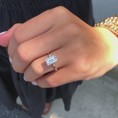 2.5Ct White Emerald Cut Solitaire Ring | Wedding Gift Ring | Glamorous Ring | Hidden Halo Ring