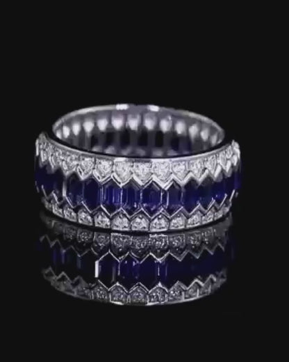 1.4Ct Blue Hexagon Cut Pave Band | Birthday Gift Band | Gift For Mother | Gemstone Band