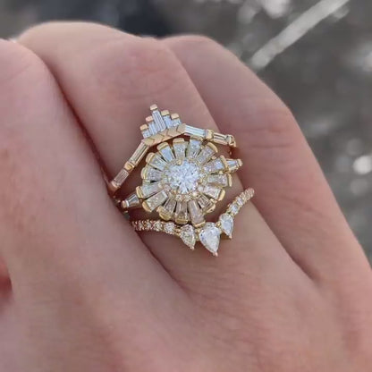 1.5CT White Round Cut Halo Ring Set | Bridal Wedding Ring Set | Triple Band Ring Set | Luxury Jewelry