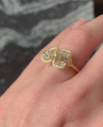 2.5Ct White Pear And Emerald Cut Bezel Ring | Toi Et Moi Ring | Wedding Gift Ring | Forever One Ring