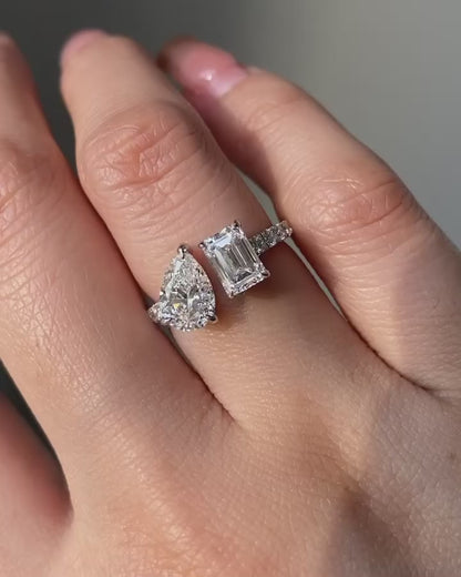 2.5Ct White Pear And Emerald Cut Two Stone Ring | Wedding Ring For Bridal | Unique Ring | Customize Ring